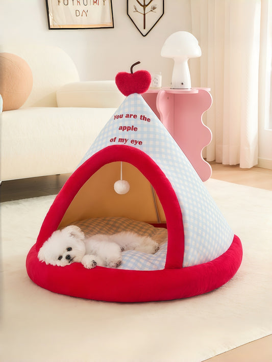 Cozy Plaid Pet Tent Bed with Plush Cushion