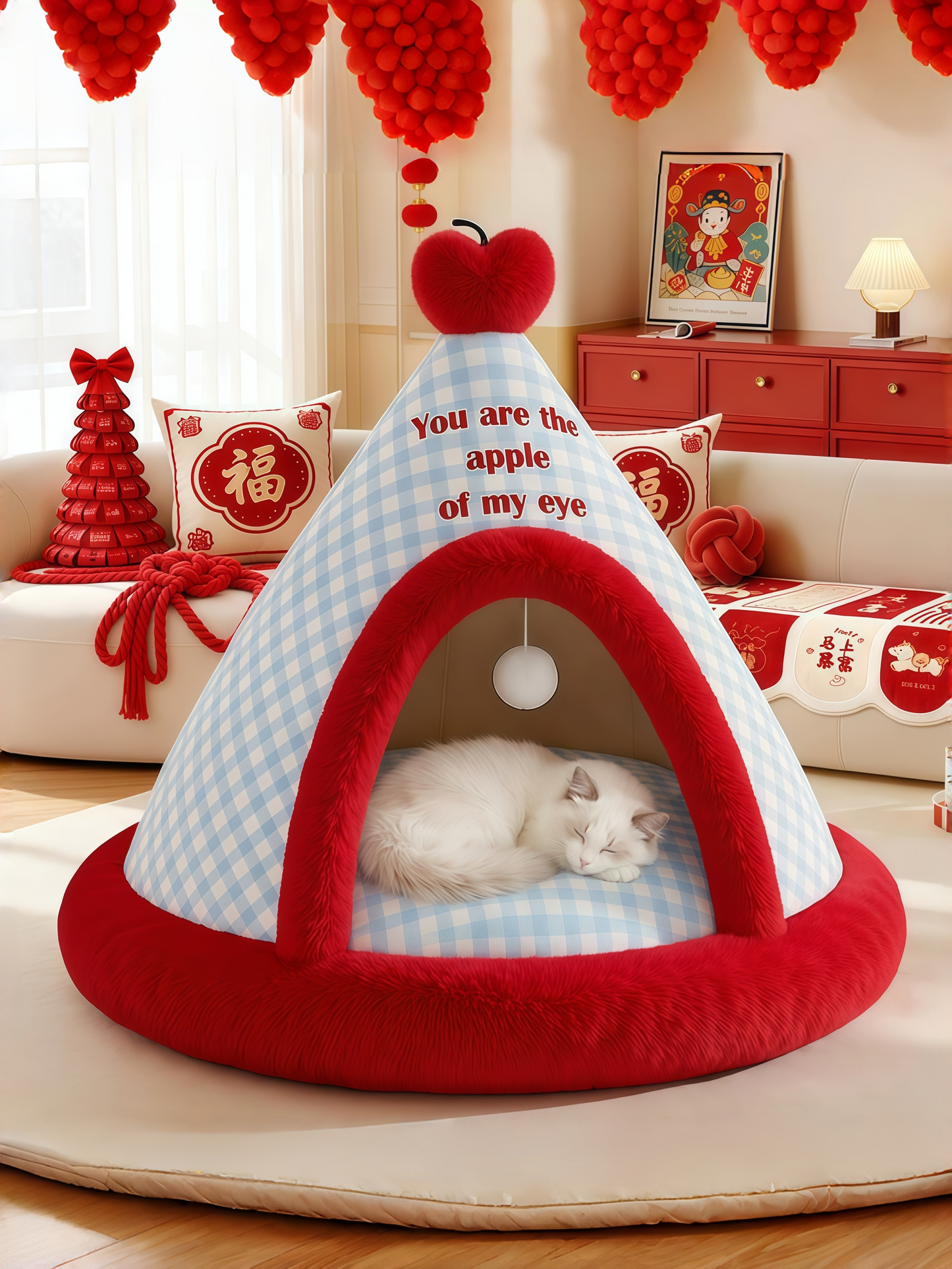 Cozy Plaid Pet Tent Bed with Plush Cushion