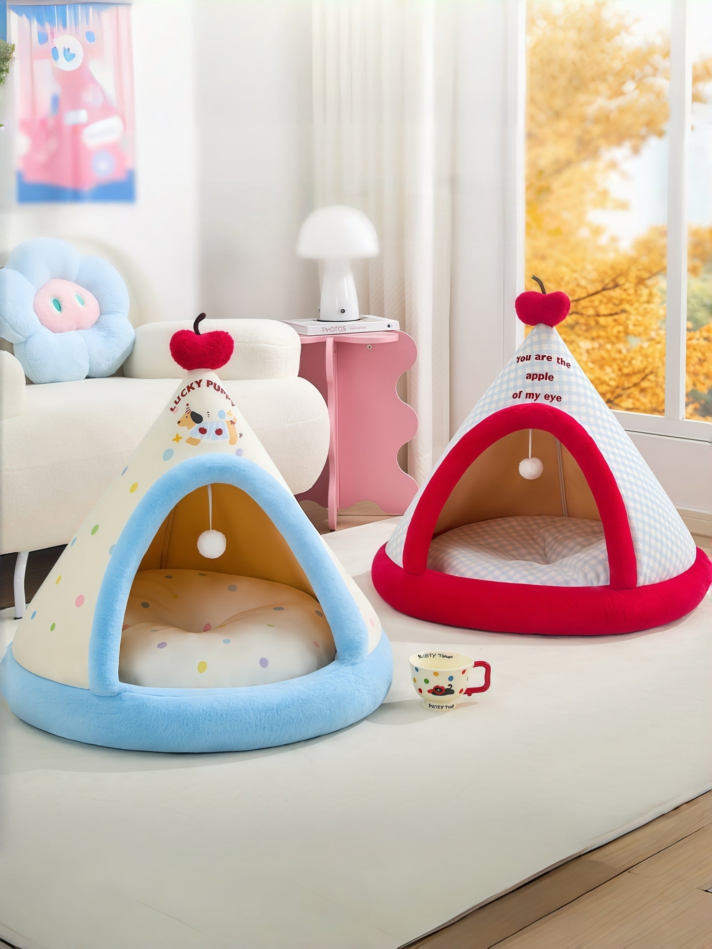 Cozy Plaid Pet Tent Bed with Plush Cushion