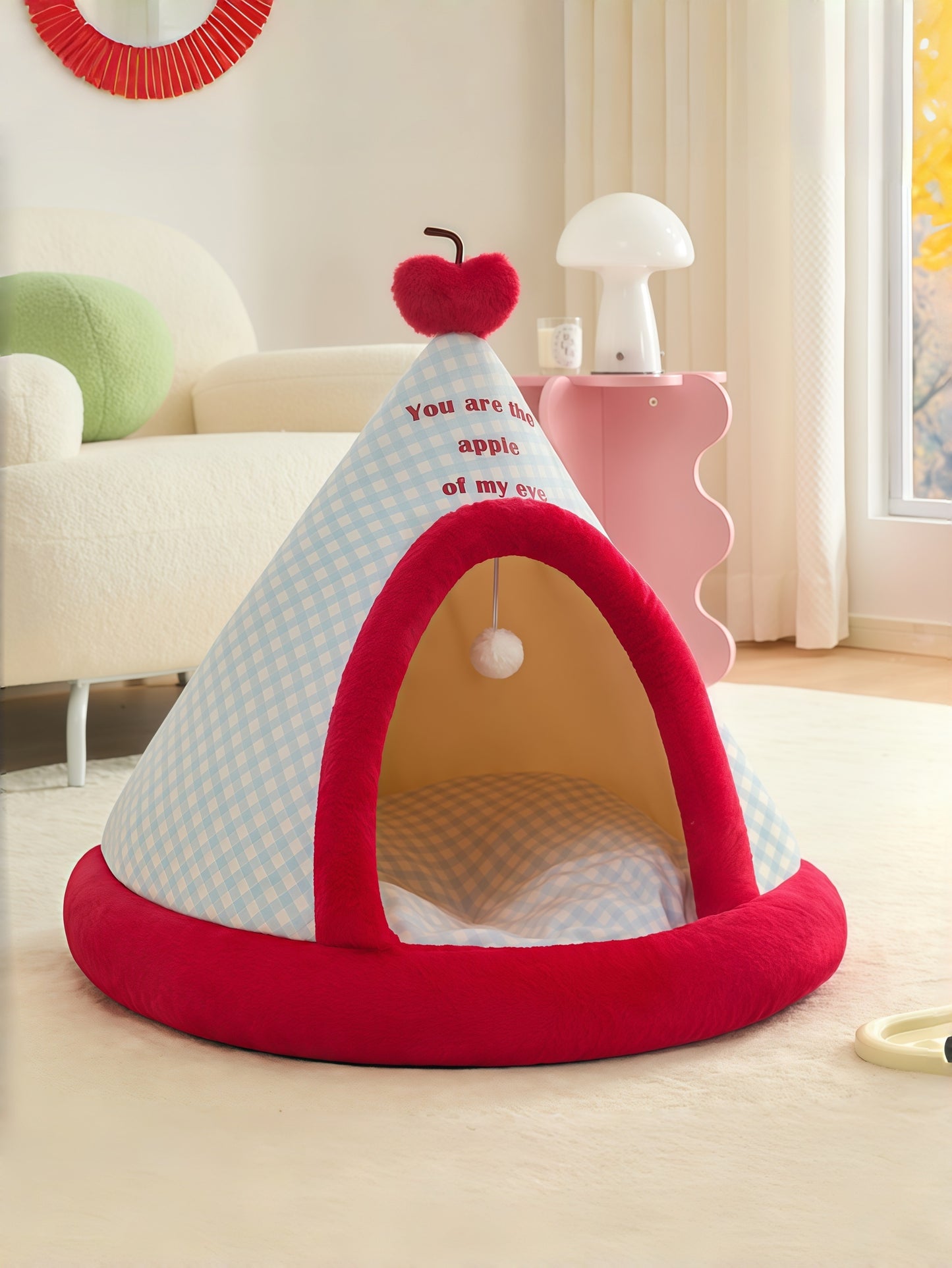 Cozy Plaid Pet Tent Bed with Plush Cushion